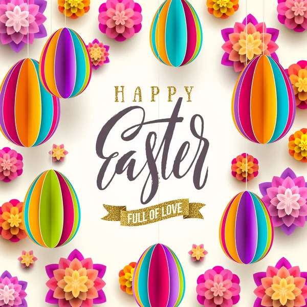 Velikonoční přání - Velikonoce kartáč kaligrafie pozdrav s třpytky Zlaté stuhy a papírové květiny a vejce pozadím. Vektorové ilustrace. — Stockový vektor