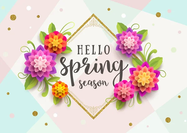 Frühlings-Grußkarte mit Zierrahmen und Blumen auf abstraktem Hintergrund. — Stockvektor