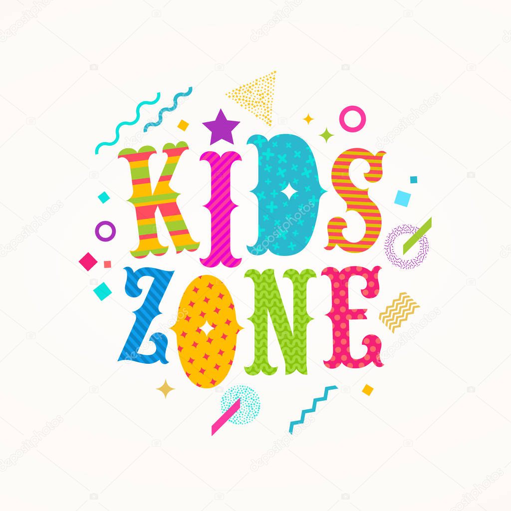 Kids zone logo. Vector emblem for children's play area. Multicolored type design with abstract shapes.