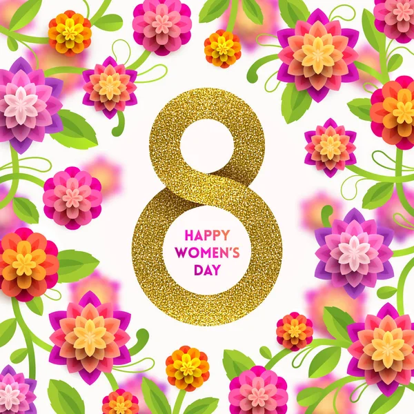8 de marzo Tarjeta de felicitación del Día Internacional de la Mujer - papel dorado brillante en forma de signo ocho y flores de fondo. Ilustración vectorial . — Vector de stock