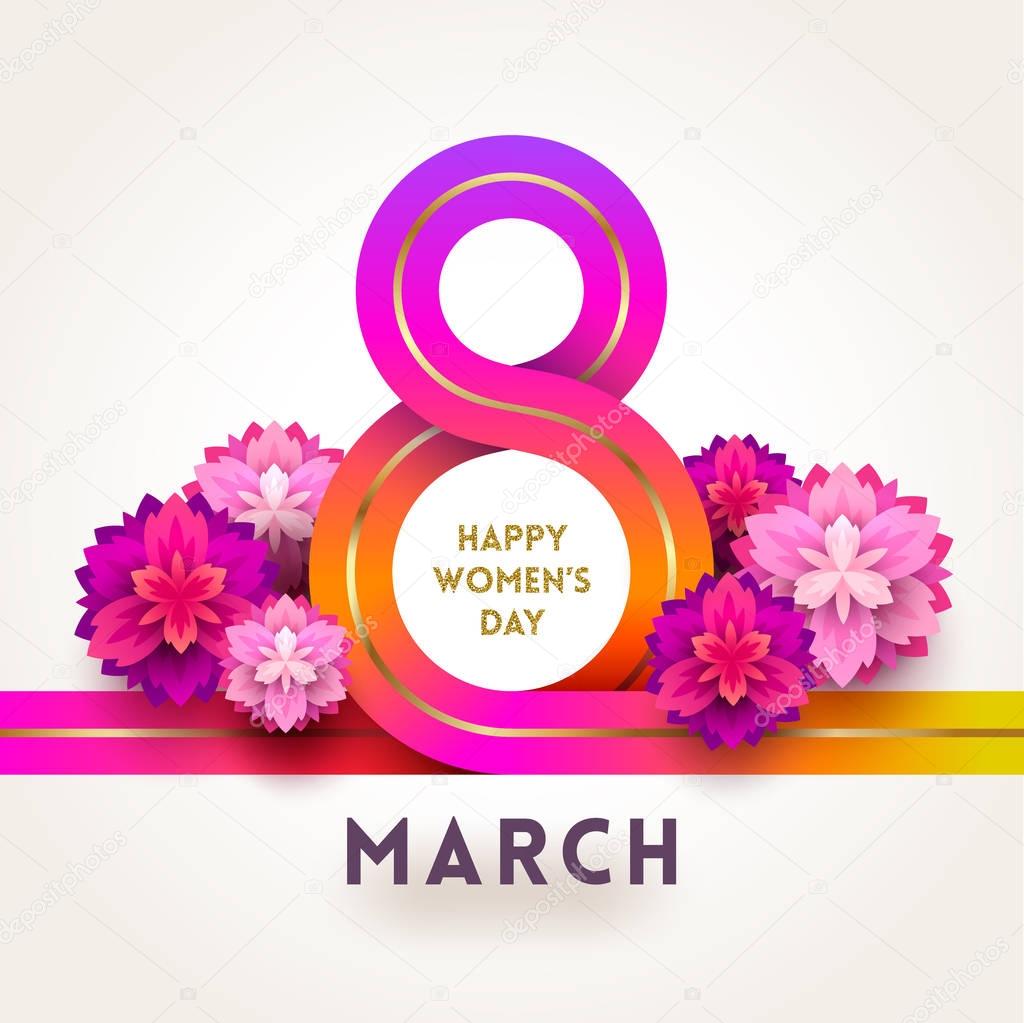 8 March International women's day greeting card -colorful ribbon in the shape of sign eight and flowers. Vector illustration.
