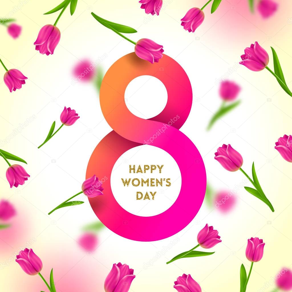 8 March International women's day greeting card -  paper figure eight on a background with tulips. Vector illustration.