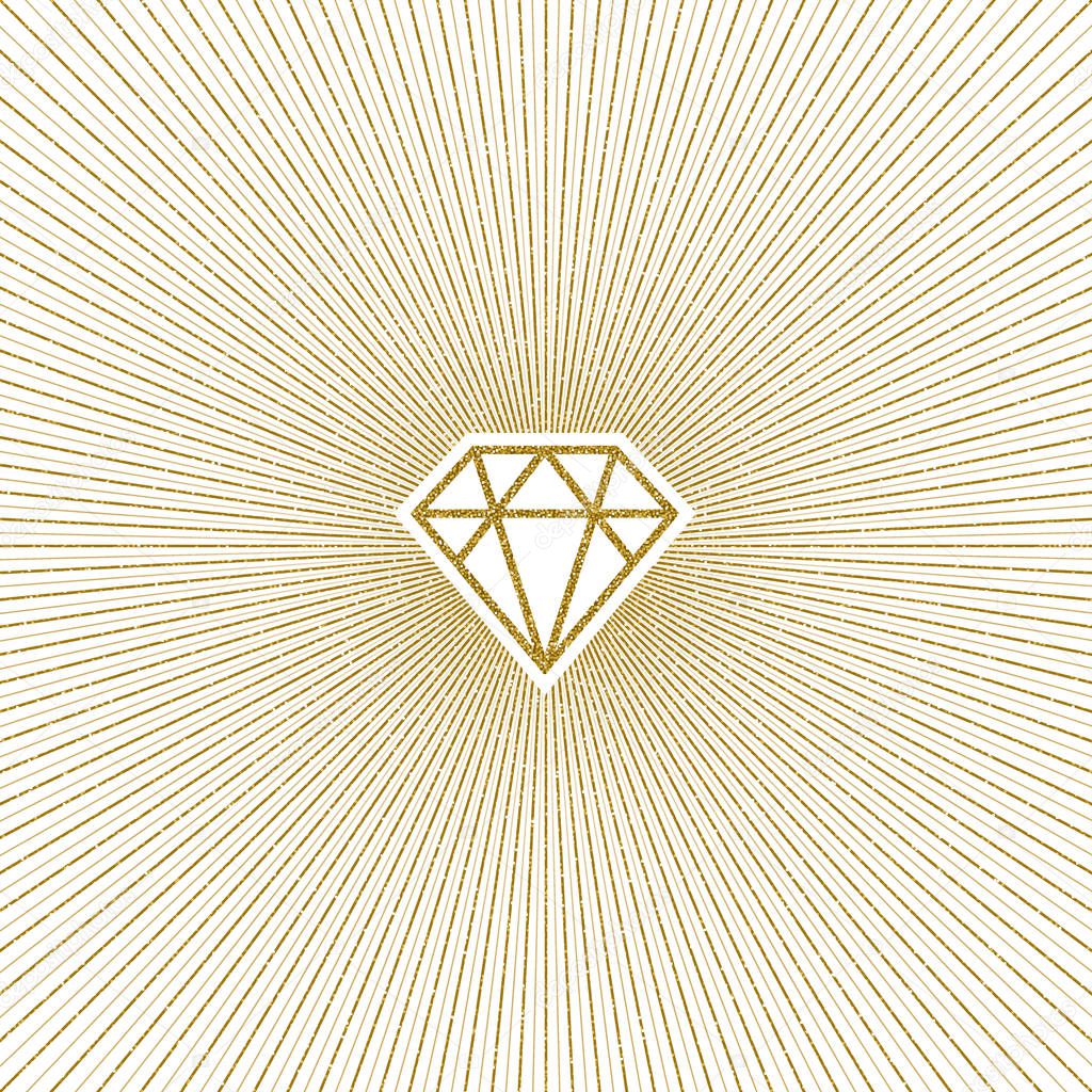 Glitter gold shining diamond with sunburst. Vector illustration.