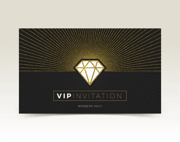 Template of VIP invitation. Glitter gold shining diamond with sunburst on a black background. Vector illustration — Stock Vector