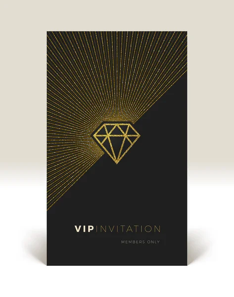 Modelo do convite VIP. Glitter ouro brilhante diamante com sunburst em um fundo preto. Ilustração vetorial —  Vetores de Stock