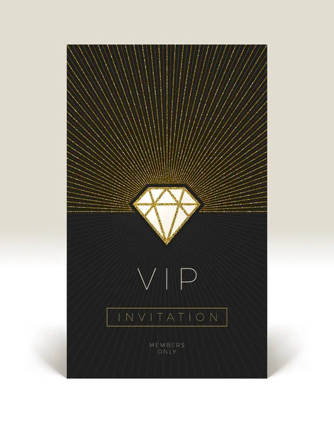 Mall för VIP-inbjudan. Glitter guld glänsande diamant med sunburst på en svart bakgrund. Vektorillustration — Stock vektor