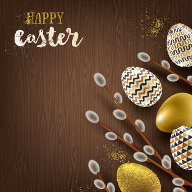 Easter illüstrasyon. Kukum şube ve dekore edilmiş boya yumurta bir ahşap masaüstü.