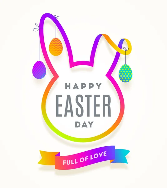Tarjeta de felicitación de Pascua. Cortado de la silueta multicolor de papel de la cabeza del conejo con el saludo de Pascua y los huevos colgantes decorados. Ilustración vectorial — Archivo Imágenes Vectoriales