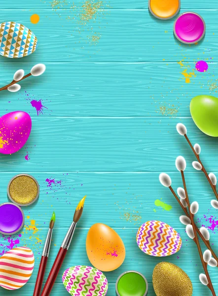 Easter background with space for greeting or message. Pussy-willow branches, paint decorated multicolored eggs on a wooden desktop. — Stock Vector