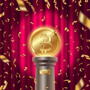 Altın Bitcoin noktada ışık ve altın folyo konfeti kırmızı arka planı perdenin bir sahnede bir kaide üzerinde. Vektör çizim.