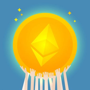 Daha fazla el bir büyük ethereum sikke tut. Konsept illüstrasyon. Düz vektör tasarımı,
