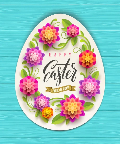 Easter greeting card - egg-shaped paper banner with floral frame and calligraphic greeting on a wooden background. Vector illustration. — Stock Vector