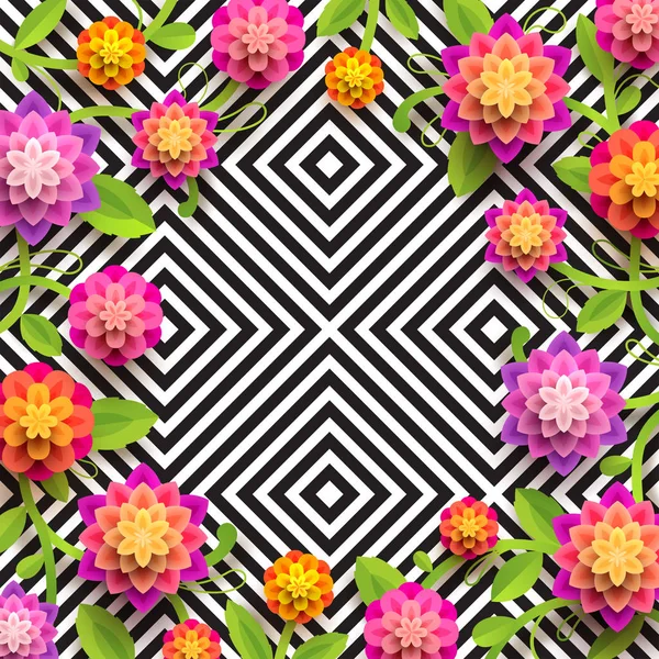 Kunstmatige papier bloemen op een abstracte geometrische zwart-witte achtergrond met kopie ruimte in het midden. Vectorillustratie. — Stockvector