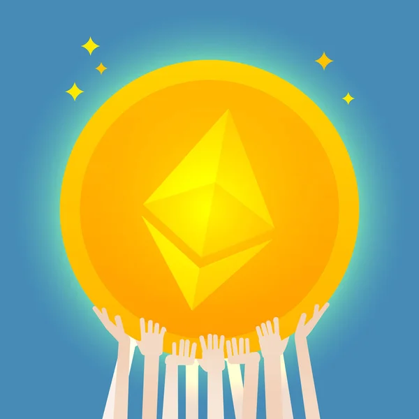 Molte mani tengono un'enorme moneta di ethereum. Illustrazione del concetto. Design vettoriale piatto , — Vettoriale Stock