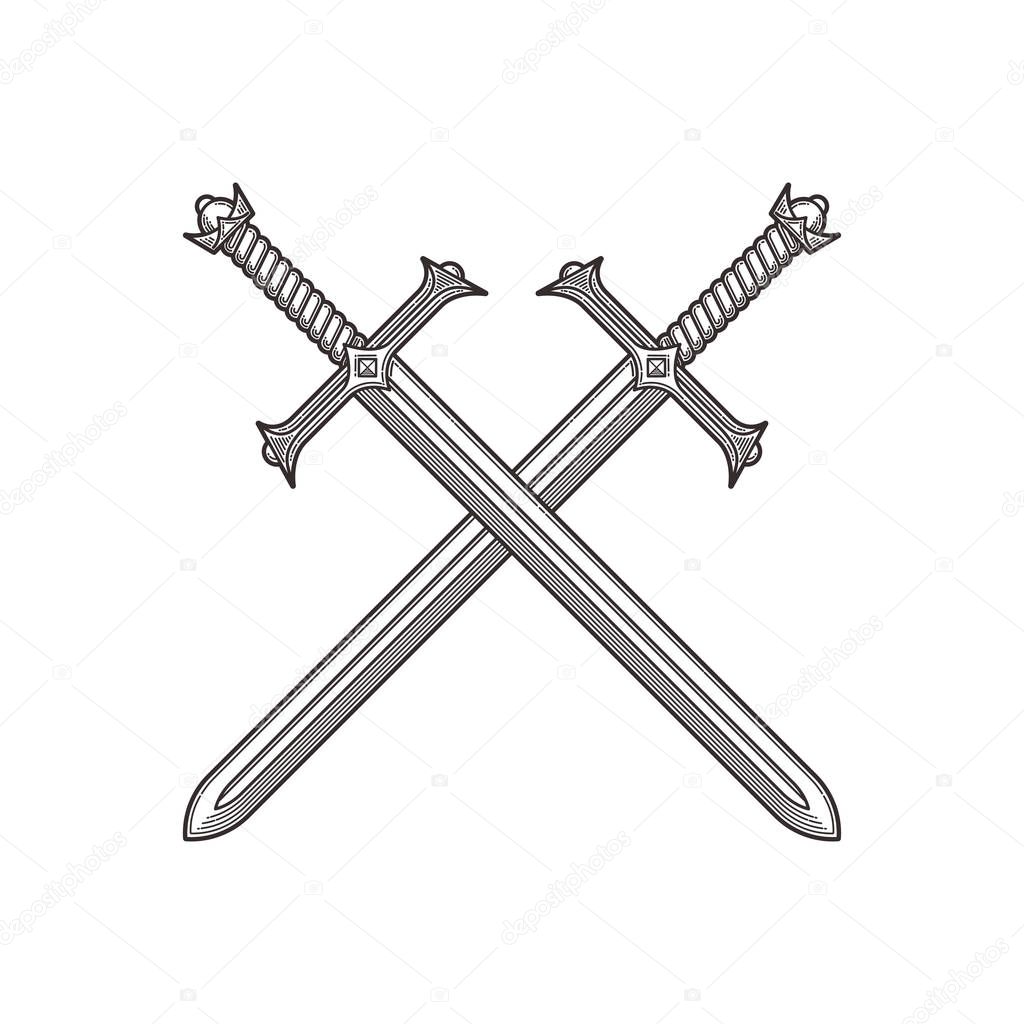 Two crossed ancient swords. Line art vector illustration.