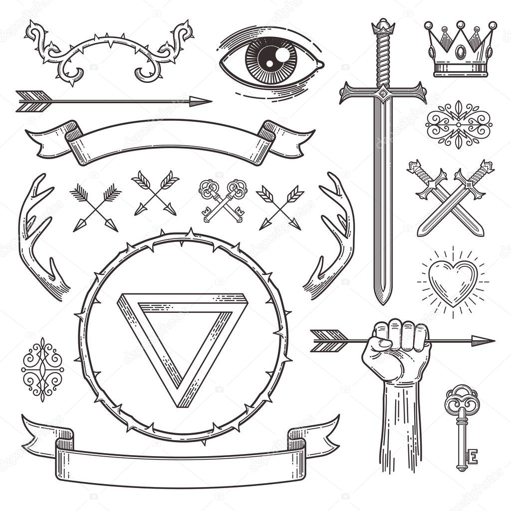 Abstract tattoo style line art heraldic elements. Vector illustration.