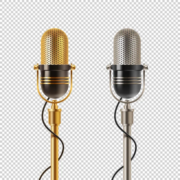 Twee retro microfoons - gouden en chroom, op een geblokte achtergrond. Vectorillustratie. — Stockvector