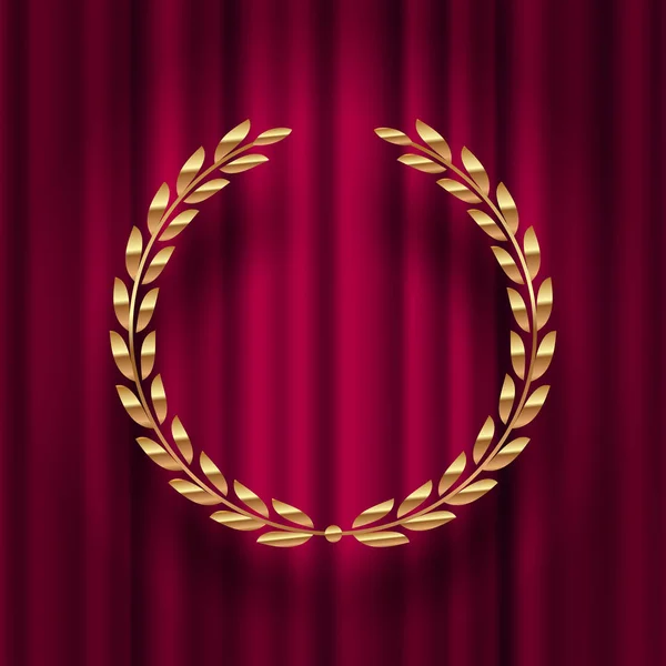 Corona de laurel dorado sobre un fondo de cortina roja. Ilustración vectorial . — Vector de stock