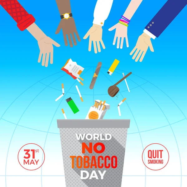 Journée mondiale sans tabac - illustration de concept. Beaucoup de mains jettent des cigarettes et d'autres articles pour fumer à la poubelle — Image vectorielle