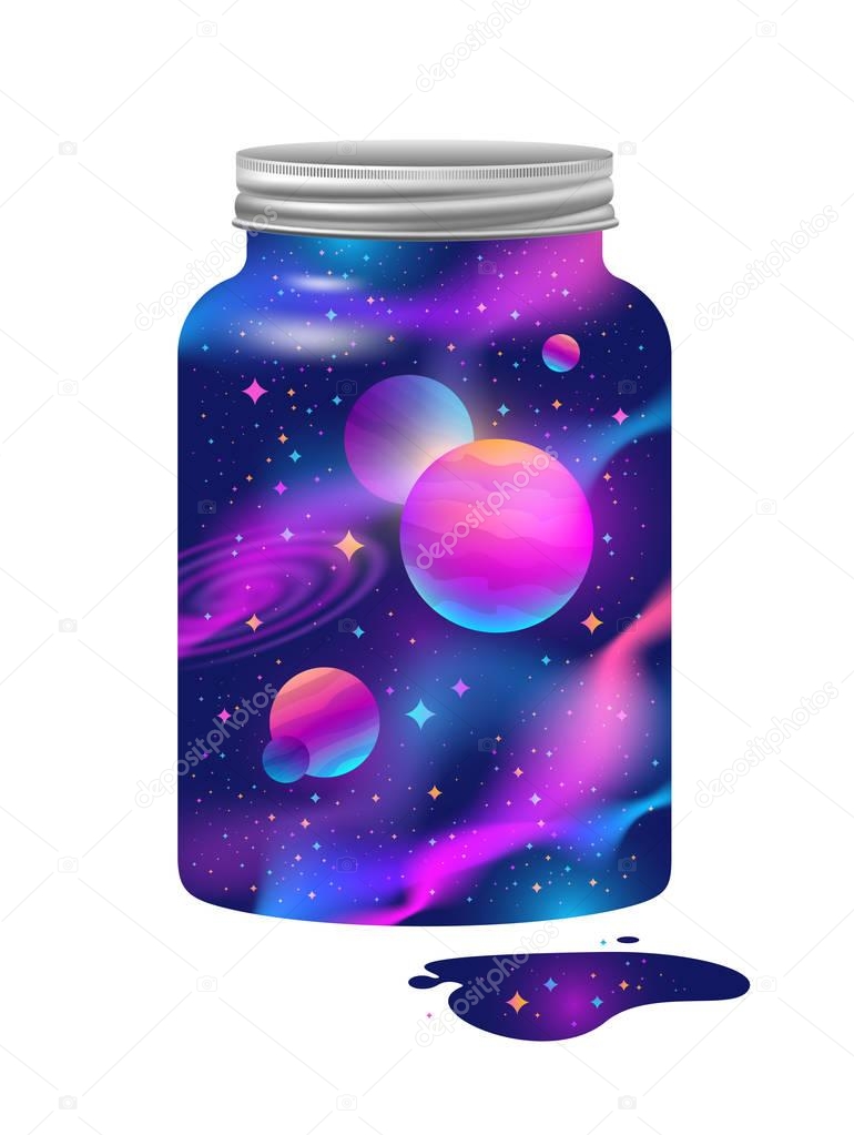 Double exposure illustration - jar with still lid and universe background. Concept illustration. Jar with galaxy inside. Vector illustration.
