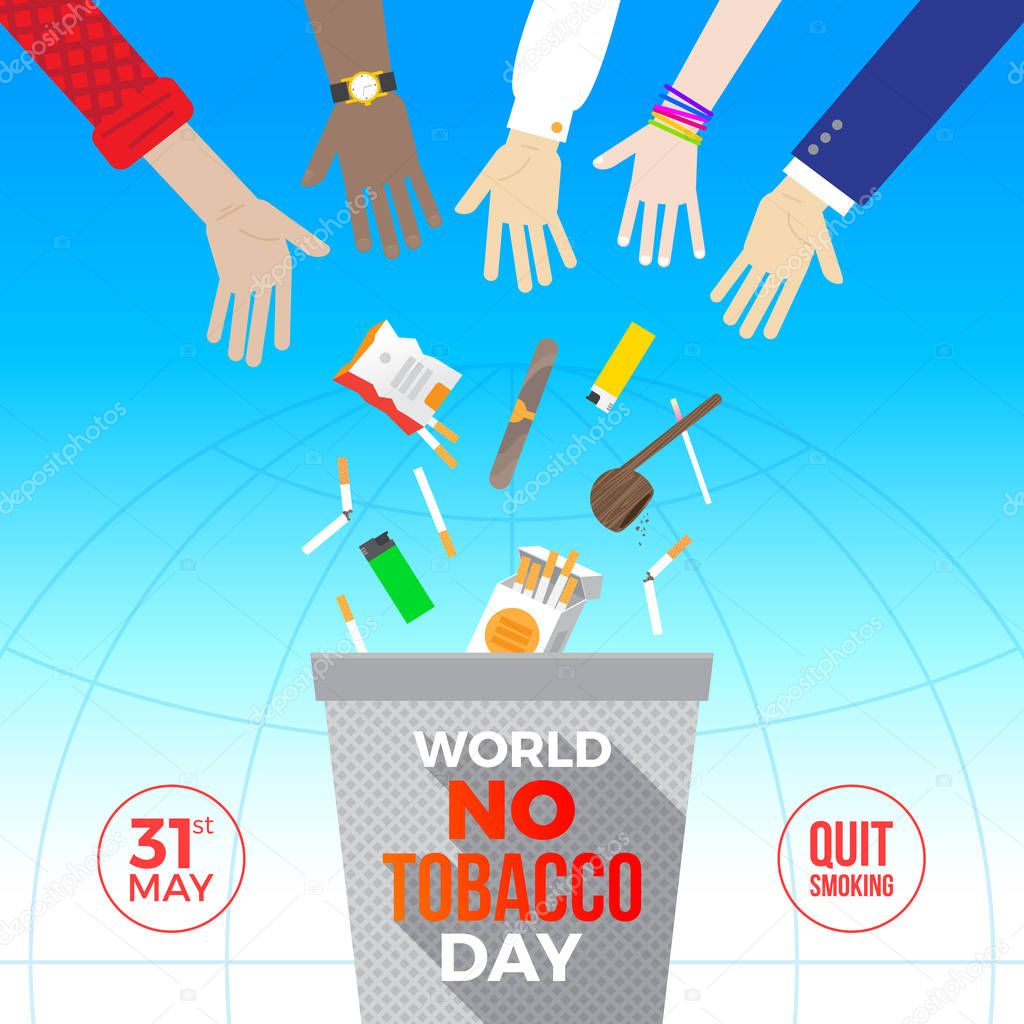 World no tobacco day - concept illustration. Many hands throw out cigarettes and other items for smoking away in the trash