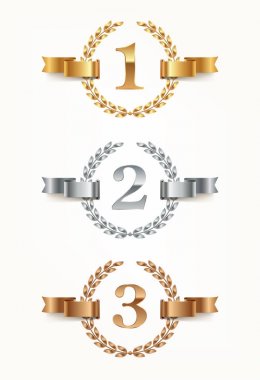 Rütbe Amblemler - altın, gümüş, bronz kümesi. Birinci, ikinci ve üçüncü yer işaretleri defne çelengi ve kurdele ile. Vektör çizim