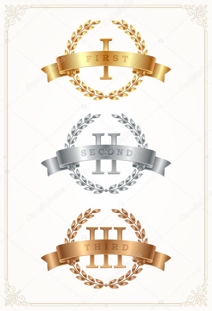 Set of rank emblems - gold, silver, bronze. First place, second place and third place signs with roman numerals, laurel wreath and ribbon. Vector illustration