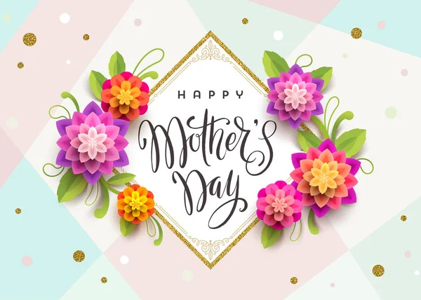 Glücklicher Muttertag - Grußkarte mit Pinsel-Kalligraphie-Gruß und Blumen. Vektorillustration. — Stockvektor