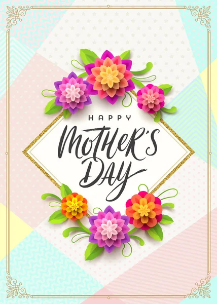 Glücklicher Muttertag - Grußkarte. Pinsel Kalligraphie Gruß und Blumen auf Muster Hintergrund. Vektorillustration. — Stockvektor