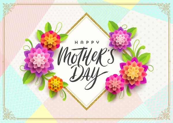 Glücklicher Muttertag - Grußkarte. Pinsel Kalligraphie Gruß und Blumen auf Muster Hintergrund. Vektorillustration. — Stockvektor