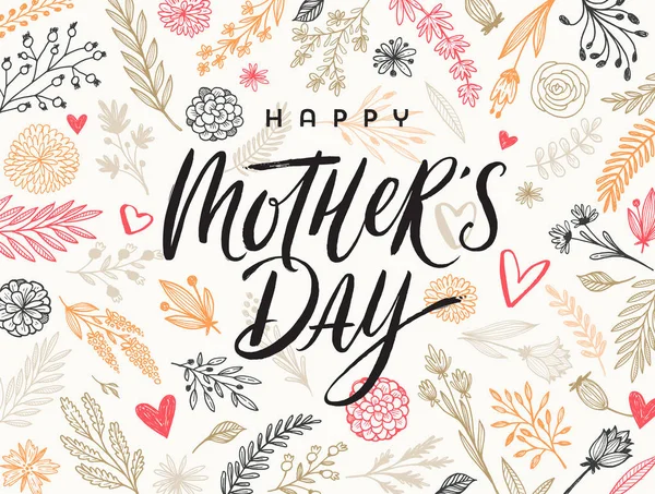 Glücklicher Muttertag - Grußkarte. Pinselkalligraphie auf floralem, handgezeichnetem Hintergrund. Vektorillustration. — Stockvektor