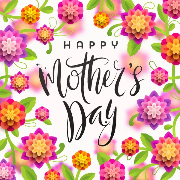 Glücklicher Muttertag - Grußkarte. Pinsel Kalligraphie Gruß und Hintergrund mit Blumen. Vektorillustration. — Stockvektor