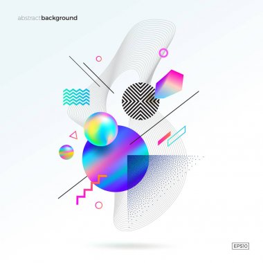 Astract tasarım ile farklı geometrik, 3d, doğrusal vektör ve noktalarla şekiller. Soyut çok renkli kompozisyon.