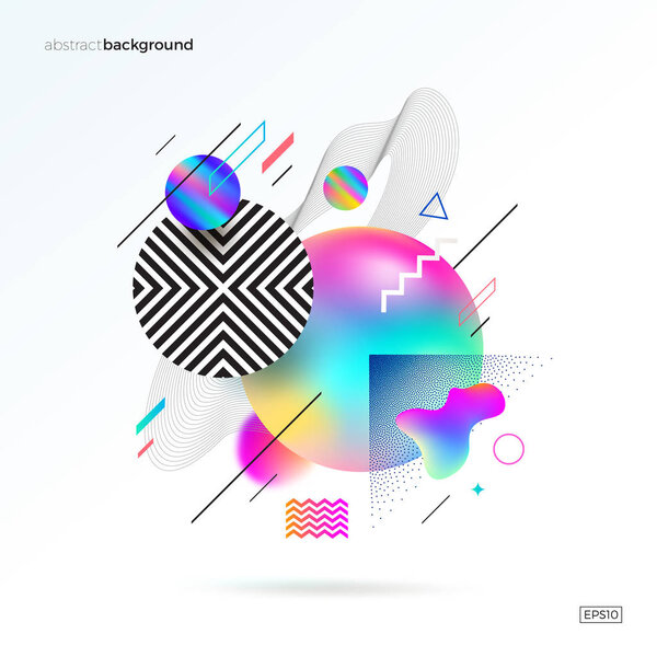 Vector astract design with different geometric, fluid, linear and stipple shapes. Abstract multicolored composition.