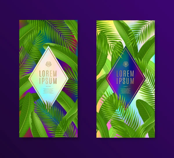 Tropical lämnar banners med ram för text eller budskap. Vektorillustration. Design för flyer, verifikation, kupong eller broschyr. — Stock vektor