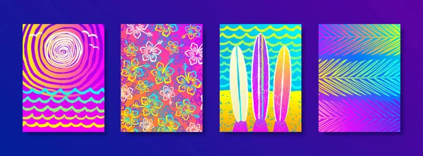 Set di vacanze estive e vacanze disegnato a mano sfondo multicolore per manifesti o biglietto di auguri. Illustrazione vettoriale . — Vettoriale Stock