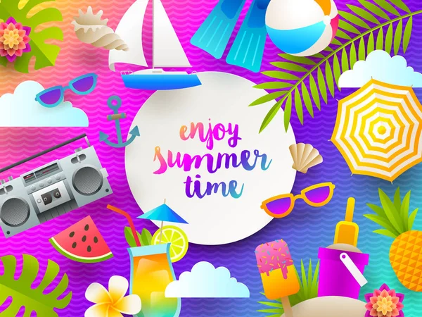 Flat design vector illustration. Summer holidays and beach vacation things and items on a bright gradient background. — Stock Vector