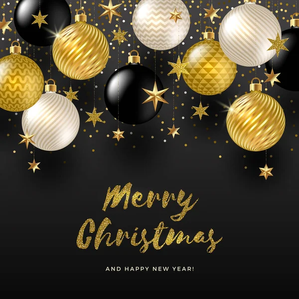 Vector illustration - Holiday greeting and Golden stars, black, white and golden Christmas baubles on a back background. — Stock Vector