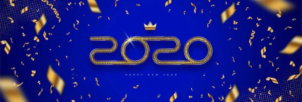 Logo nowego roku 2020. Pozdrowienia z numerem roku i złote konfetti na niebieskim tle. Projekt karty okolicznościowej, zaproszenia, kalendarza itp.. — Wektor stockowy