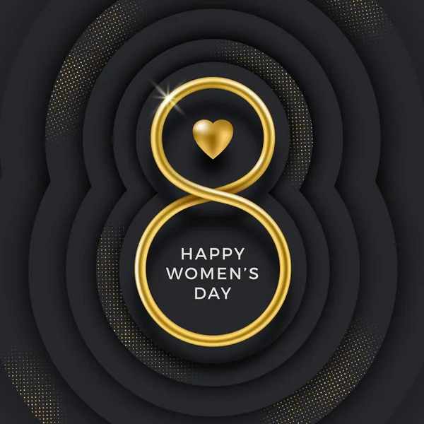 8 de marzo Ilustración vectorial del Día Internacional de la Mujer - Oro número ocho y corazón sobre un fondo en capas de papel negro con semitono dorado. Diseño para tarjeta de felicitación, invitación, póster o folleto . — Vector de stock