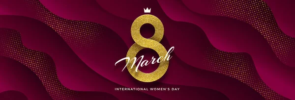 8 marca Międzynarodowa ilustracja wektora Dnia Kobiet - brokatowa złota wstążka w kształcie znaku ósmego na burgundowym kolorze falistym tle warstwowym. Projekt kartki okolicznościowej, zaproszenia, ulotki itp. — Wektor stockowy