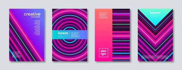 Uppsättning Abstrakt Ljus Omslag Design Med Flerfärgade Neonljus Ränder Design — Stock vektor