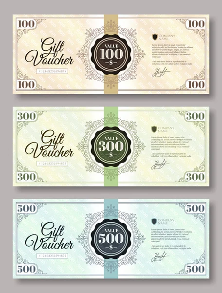 Sada Dárkového Poukazu Různé Hodnoty 100 Dolarů 300 Dolarů 500 — Stockový vektor