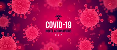 Coronavirus kırmızı arka planı. Romantik Coronavirus 2019-nCoV illüstrasyonu. Tehlikeli Covid-19 pandemik posteri kavramı. Vektör tasarımı.