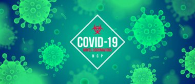Coronavirus yeşil arka planı. Romantik Coronavirus 2019-nCoV illüstrasyonu. Tehlikeli Covid-19 pandemik posteri kavramı. Vektör tasarımı.