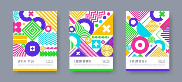 Set Manifesti Con Forme Geometriche Motivo Design Multicolore Alla Moda — Vettoriale Stock