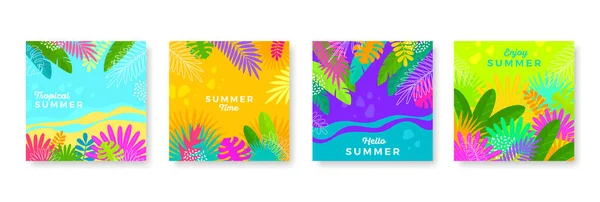 熱帯の葉や植物の背景のセット ポスター チラシ 挨拶や招待状のための花の多色デザイン ベクトルイラスト — ストックベクタ