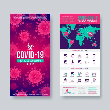 Coronavirus pankartı, bilgi elementleriyle hazırlandı. Romantik Coronavirus 2019-nCoV tasarımı. Tehlikeli Covid-19 salgını. Vektör illüstrasyonu.