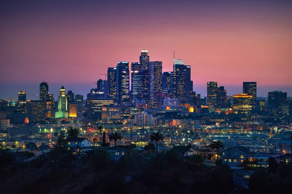 Silueta Del Centro Los Ángeles Atardecer Lax Ciudad Más Famosa —  Fotos de Stock