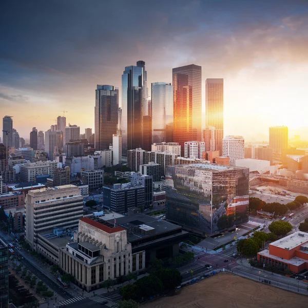 Silhouette Der Innenstadt Von Los Angeles Bei Sonnenuntergang Lax Berühmteste — Stockfoto